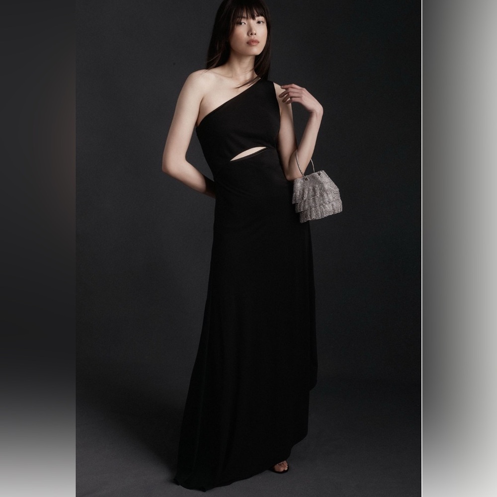 Anthropologie x Halston One-Shoulder Clara Jersey Cascade Dress, Black